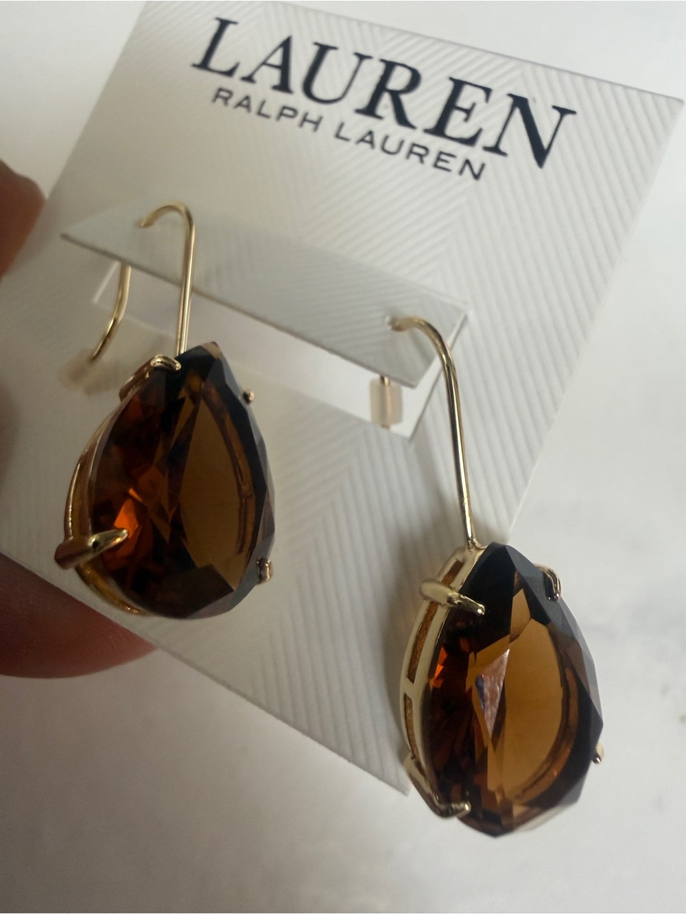 NEW LAUREN Ralph Lauren Brown Teardrop Crystal Drop Earrings - Picture 4 of 10